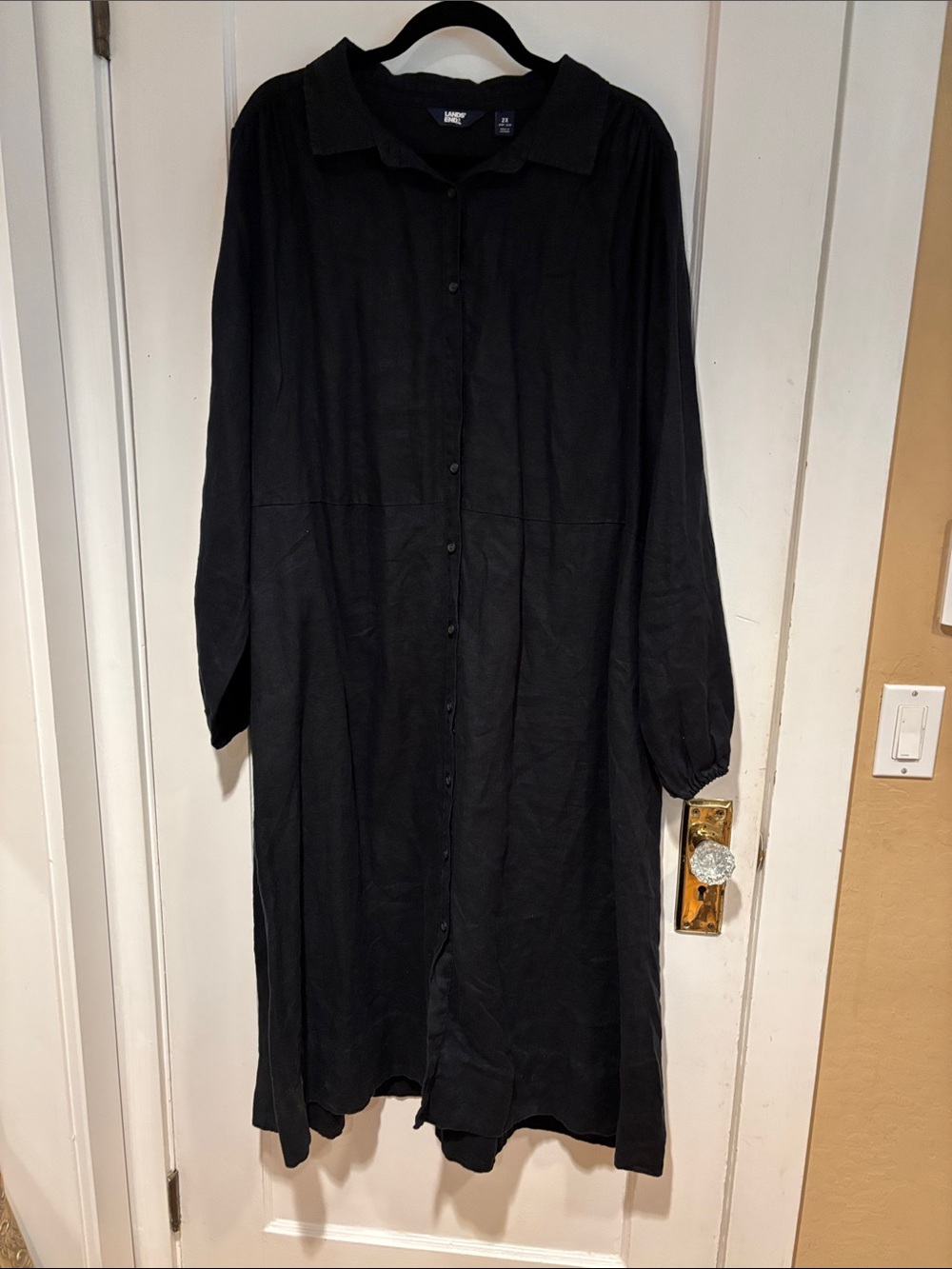 Lands end 2X Black Long Button-down 100% heavy linen Dress